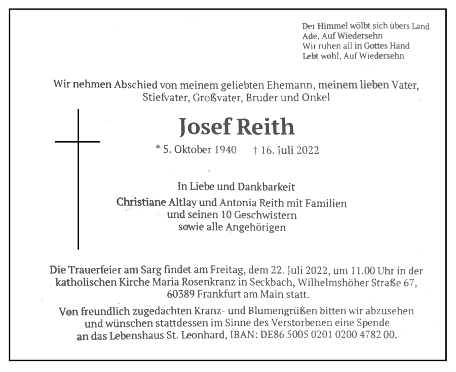 Todesanzeige Josef Reith