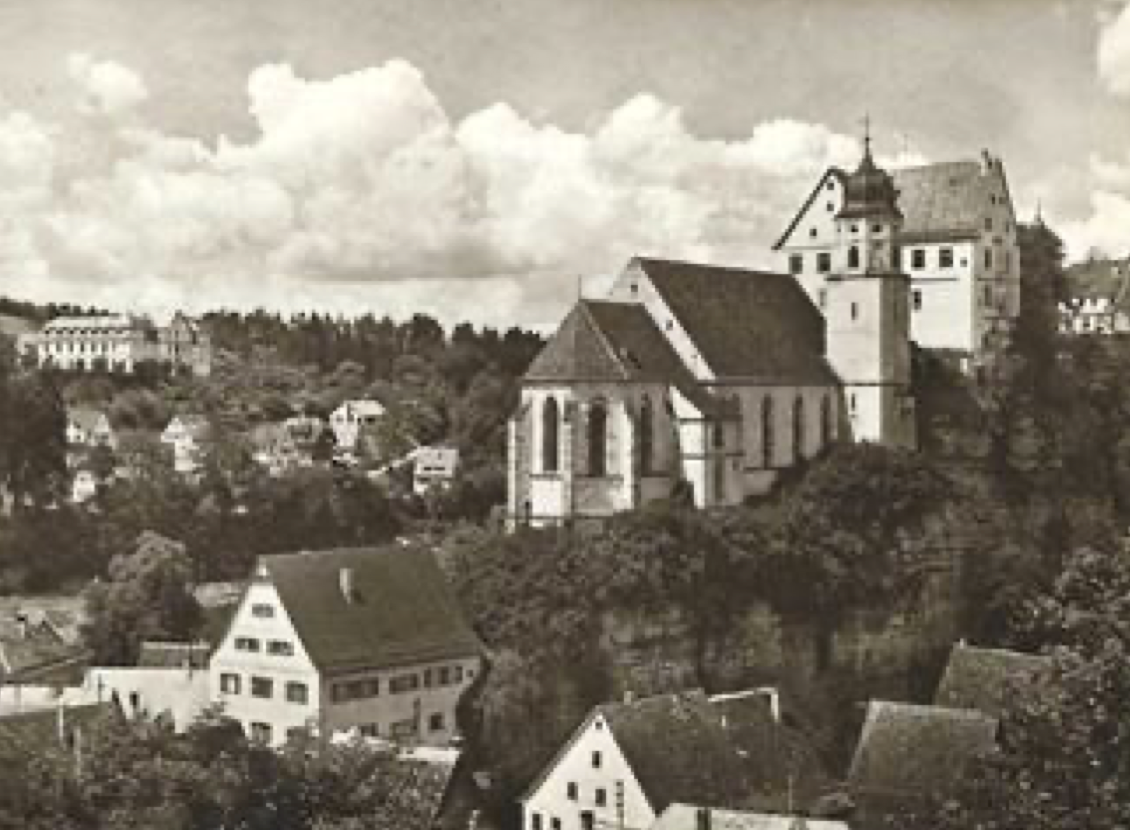 Schlosskirche in Haigerloch mit Schlossgebäude im Hintergrund
